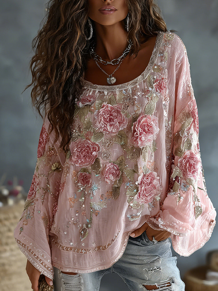Women's Floral Embroidered Art Print Flowy Linen Blend Casual Tops