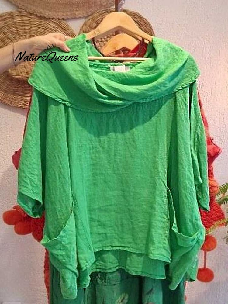 Women's Solid Color Draped Neck 3/4 Sleeve Comfortable Casual Linen Pocket Top
