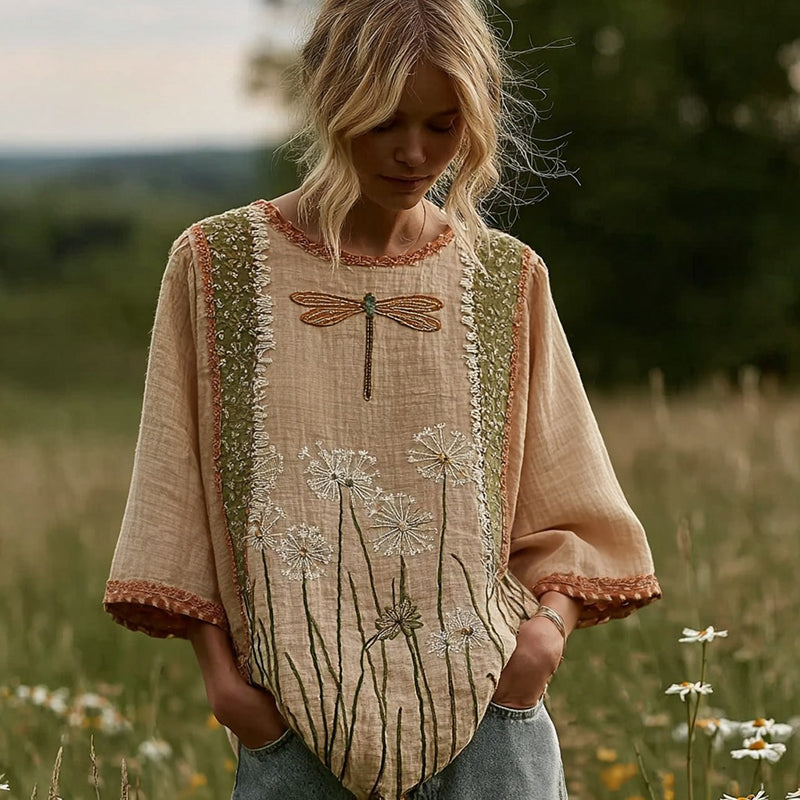 Women's Vintage Dragonfly And Dandelion Pattern Long-sleeved Linen Shirt