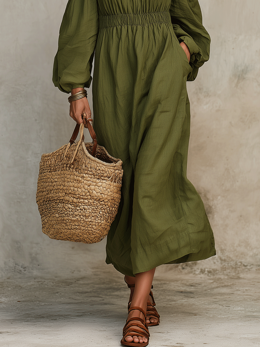 Boho Olive Green Cotton-Linen Off-Shoulder Maxi Dress