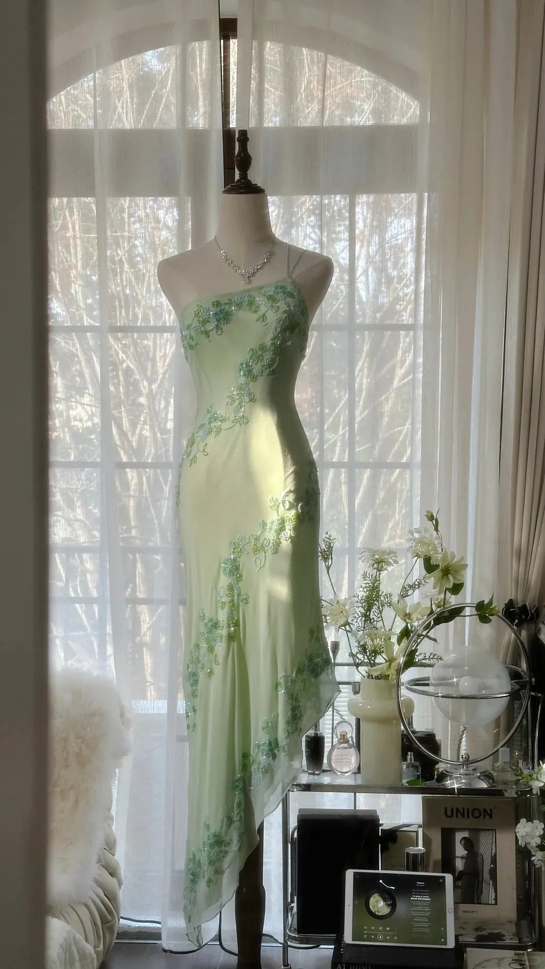 Green Romantic Gorgeous Exquisite Elegant Beaded One Shoulder Long Chiffon Evening Dress Prom Dress Prom Dress Birthday Vacation Party Dress 4047