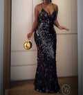Deep V Spaghetti Strap Large Paillette Sequin Mermaid Evening Gown, Black Backless Bodycon Floor Length Formal Dress