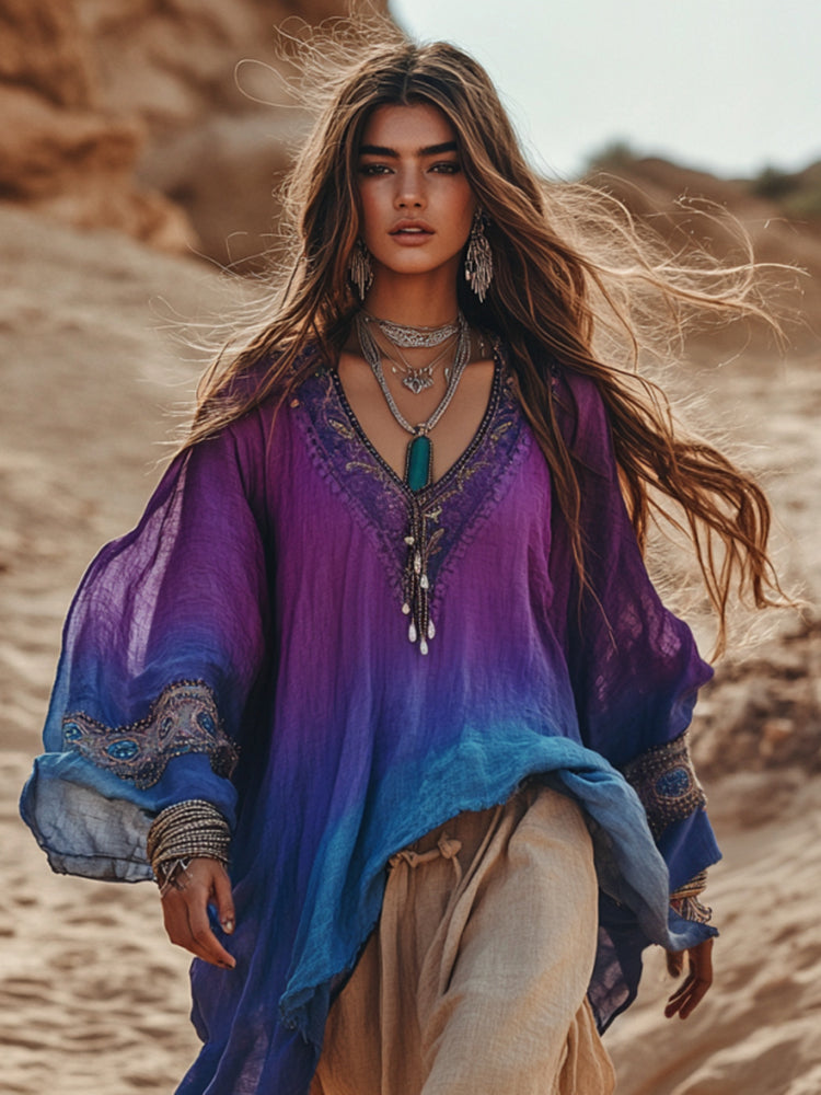 Boho Gradient Floral Embroidery Print Cotton And Linen Blend Loose Blouse