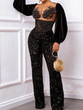 Stylish Puff Sleeve Sequined See-Through Empire Straight Leg Jumpsuits