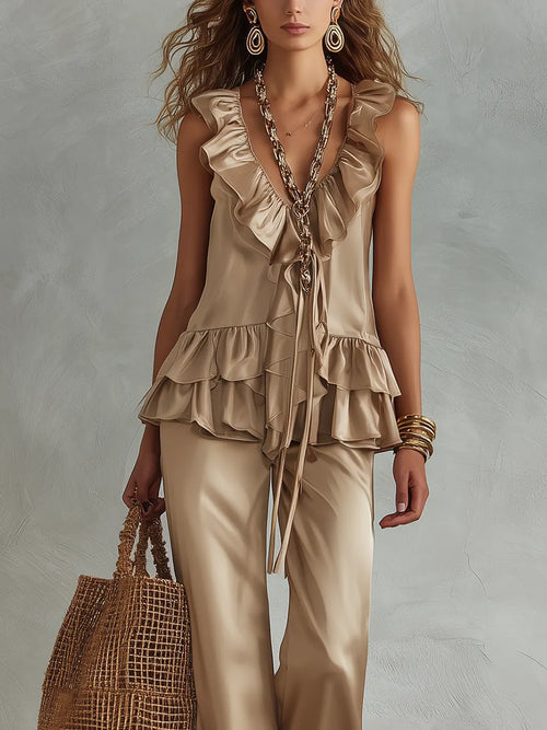 Beige Ruffled Satin Top And Wide-leg Trousers Set