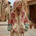 Vintage Floral Embroidery Patchwork Art Cozy Warm Zipper Hoodie