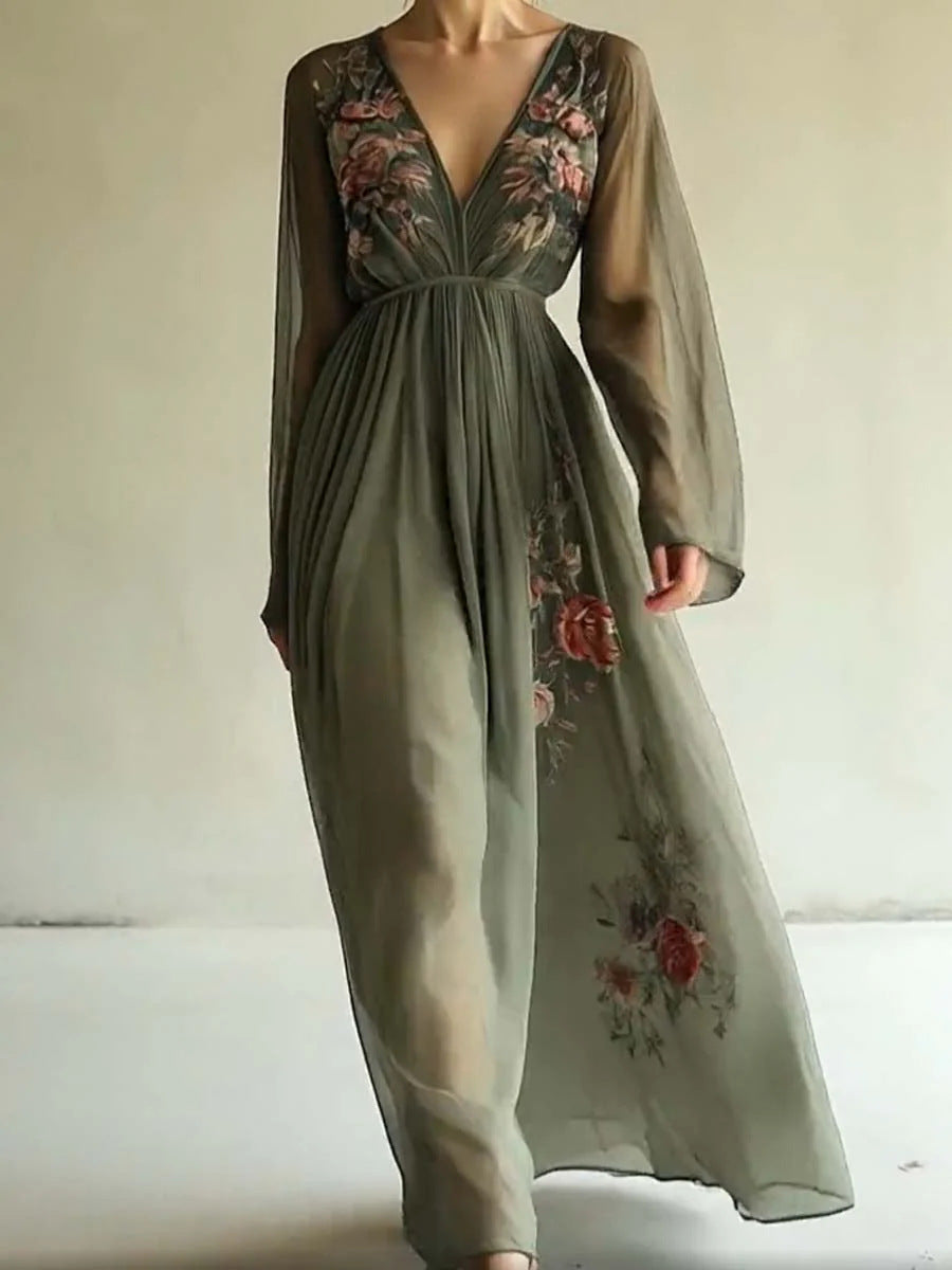 Vintage 3D Floral Print Maxi Dress - Elegant V-Neck Long Sleeve Boho Garden Party Gown