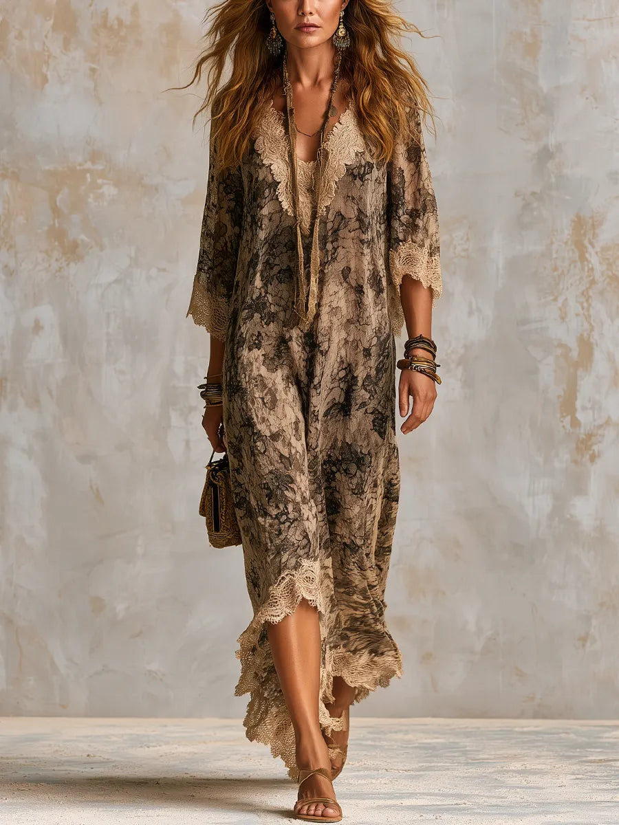 Bohemian Khaki Lace Print Maxi Dress