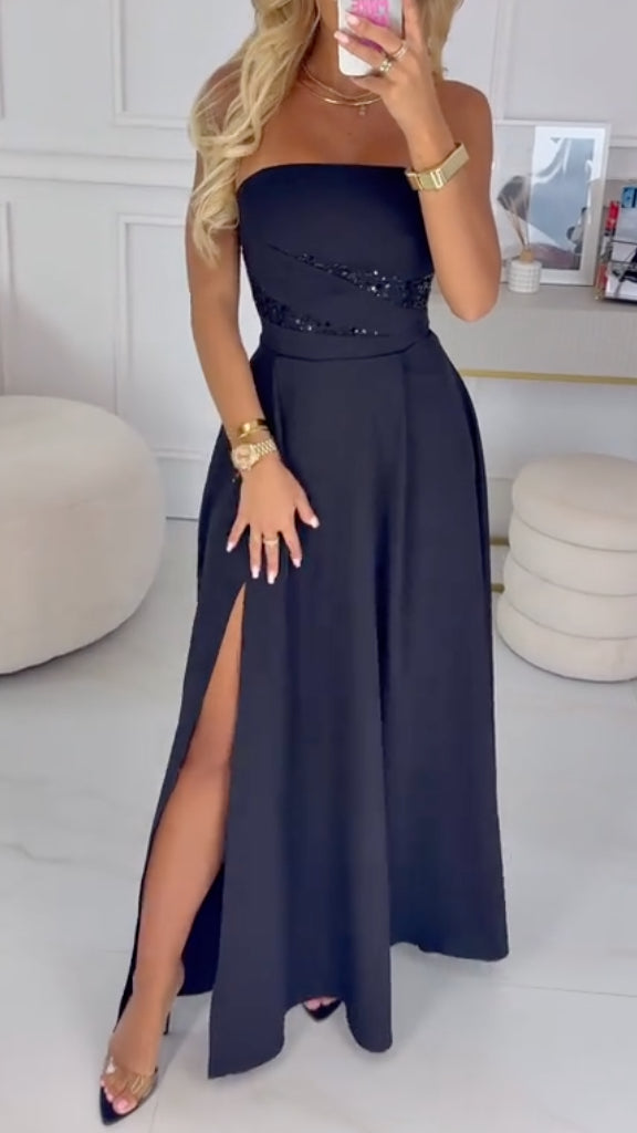 Black Sequin Strapless Maxi DressMidi Dress
