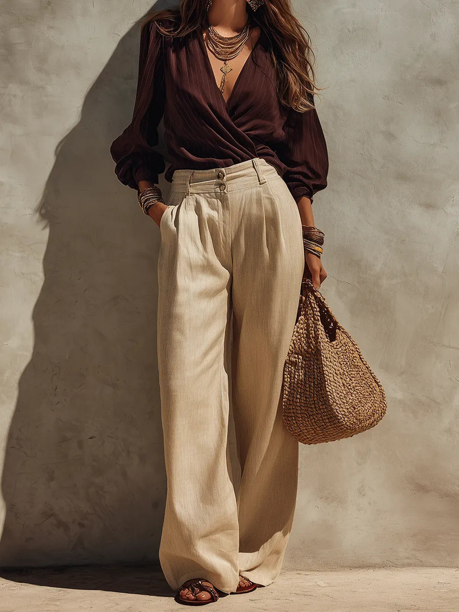 Chic Bohemian Brown V-Neck Draped Top & Natural Beige Trousers Outfit