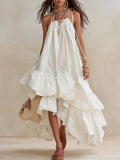 Romantic Coastal Cotton Layered-Ruffle Flowy White Maxi Dress