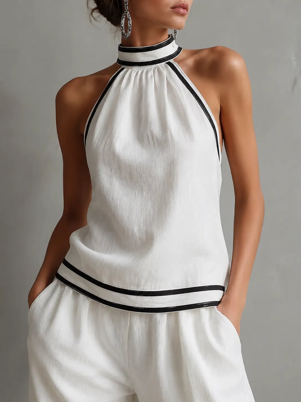 Women's Stand-up Collar Sleeveless Casual Loose Cotton And Linen Top With Elastic Waist And Wide-leg Pants Cotton And Linen Set
