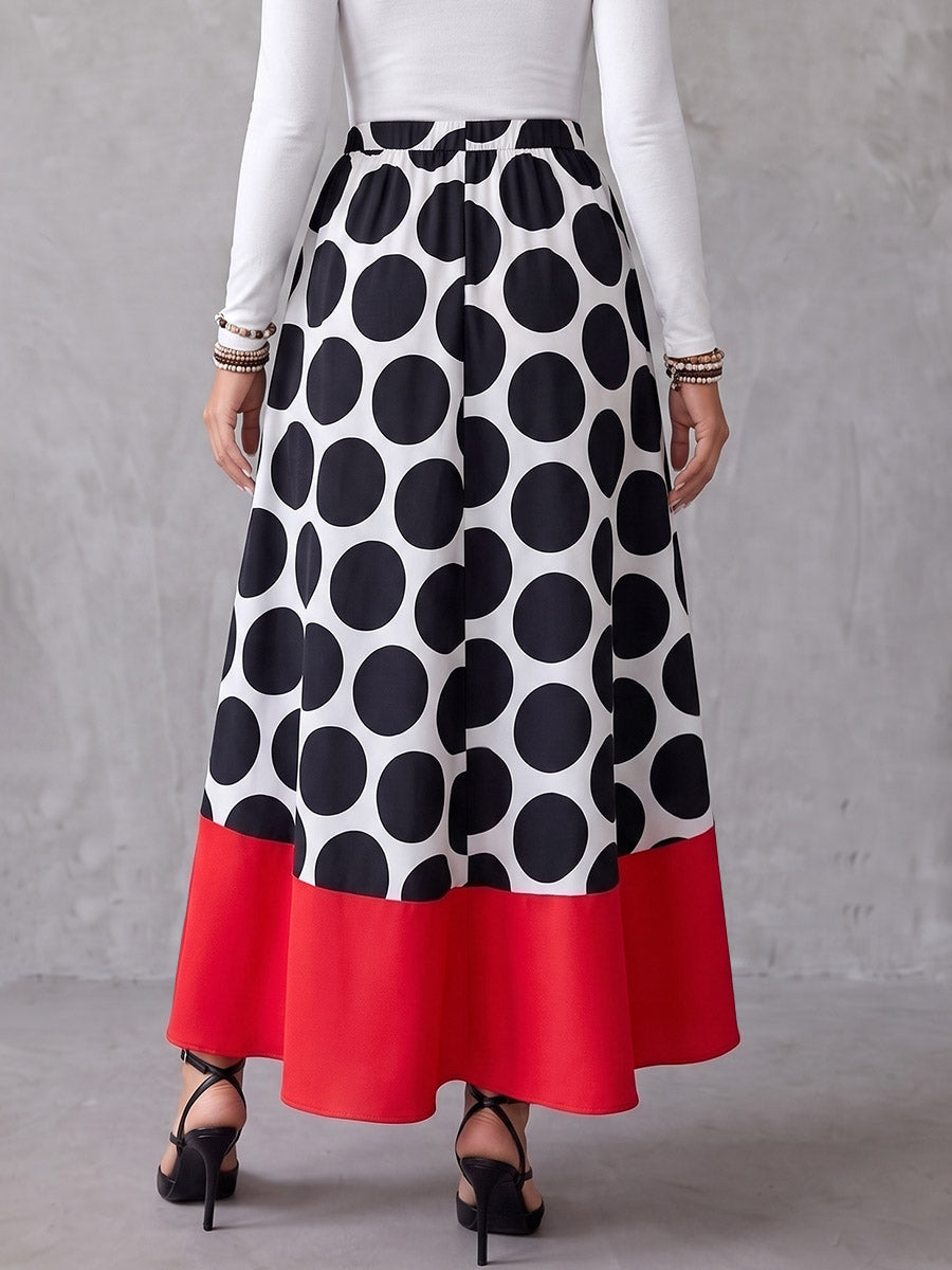 Split-Joint Polka Dot Elasticity Contrast Color High-Low High Waisted Skirts