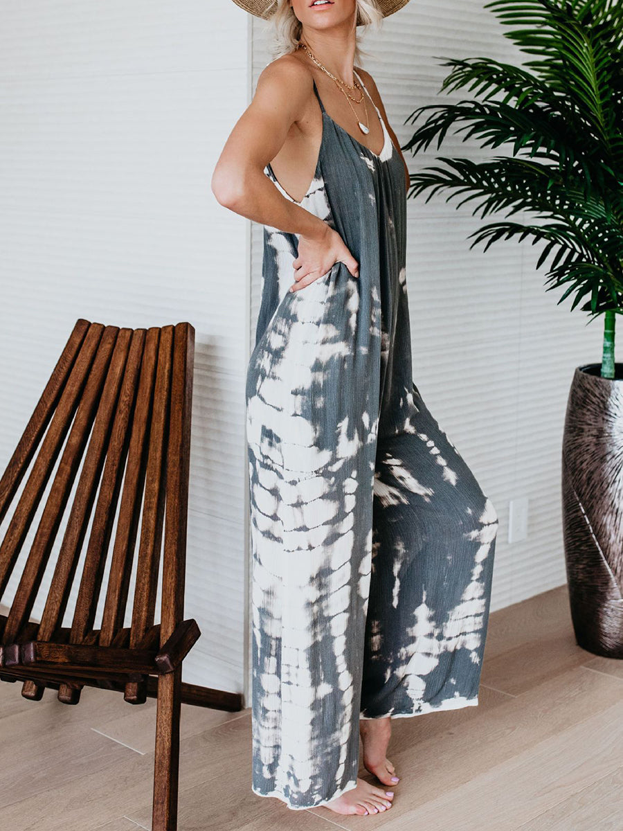 Casual Artistic-print Linen And Cotton Jumpsuit