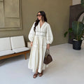 Marisol Long Sleeve Embroidered Maxi Dress – Elegant V-Neck Boho Day Dress in White, Mocha & Black