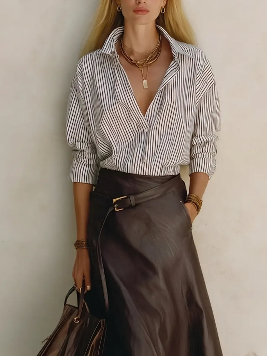 Effortless Office Stripe Shirt & Faux Leather Midi Skirt Set