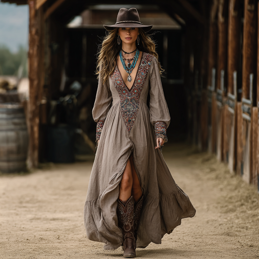 Western Cowgirl Linen Bohemian Vintage Dress