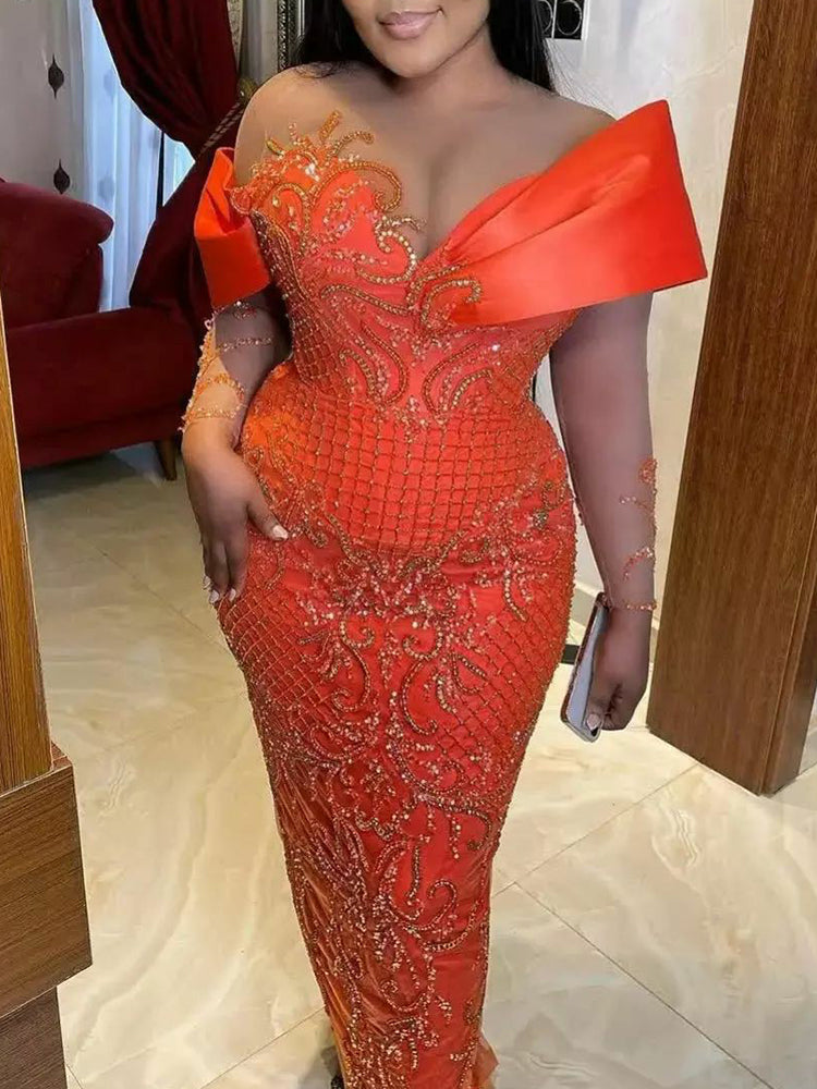 Off-The-Shoulder Jacquard See-Through Shiny Wrap Maxi Dress