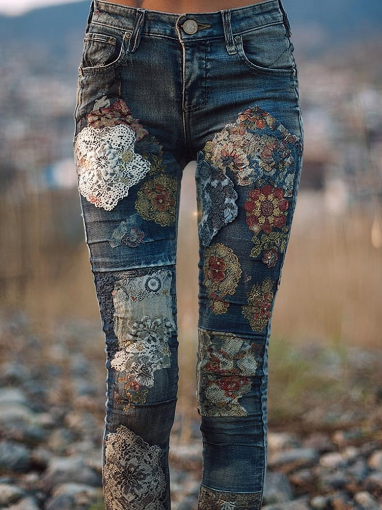 Boho Floral Lace Embroidered Vintage Skinny Jeans