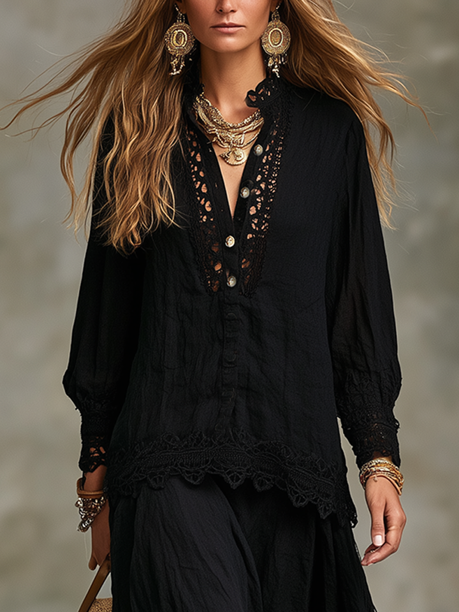 Bohemian Black Lace Shirt and Skirt Set