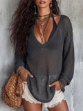 Elegant Lightweight Vacation Smoke Grey Knit Blouse