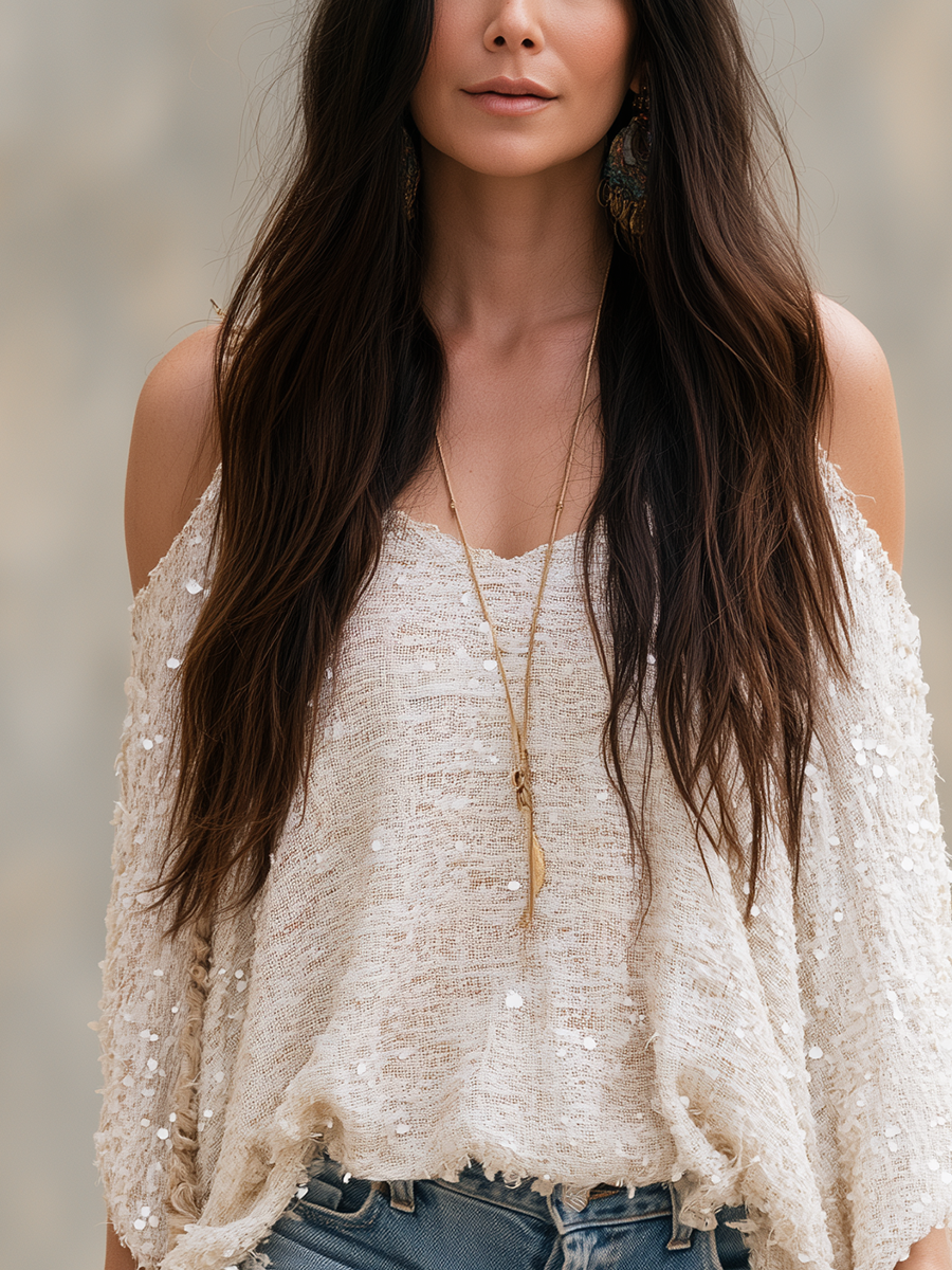 Bohemian Ivory White Sequined Tweed Top
