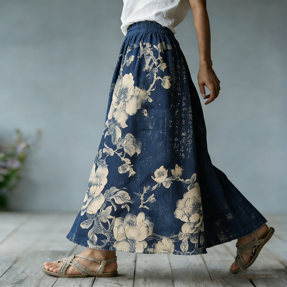 Japanese Art Bohemian Retro Plant Flower Print Women's Half-length Dress