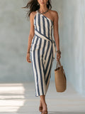 Refined Blue Striped One-Shoulder Wrap Midi Dress