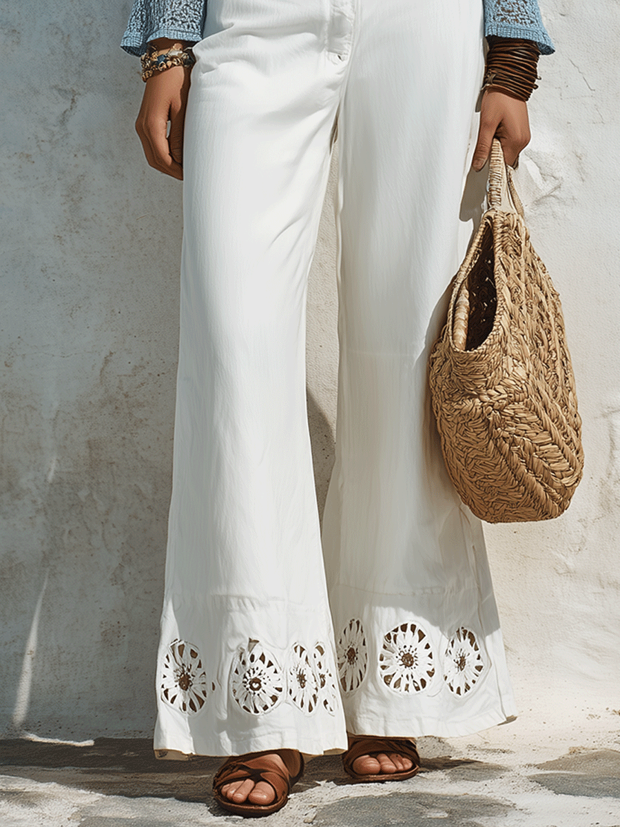 Bohemian Eyelet Hem Resort White Wide-Leg Pants