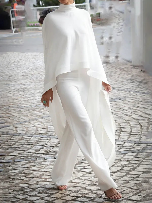 Solid Color High-low Loose High-neck Two Pieces Set Pants Set