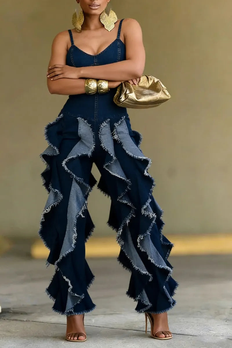 Dark Blue Denim Ruffle Wide Leg Jumpsuit