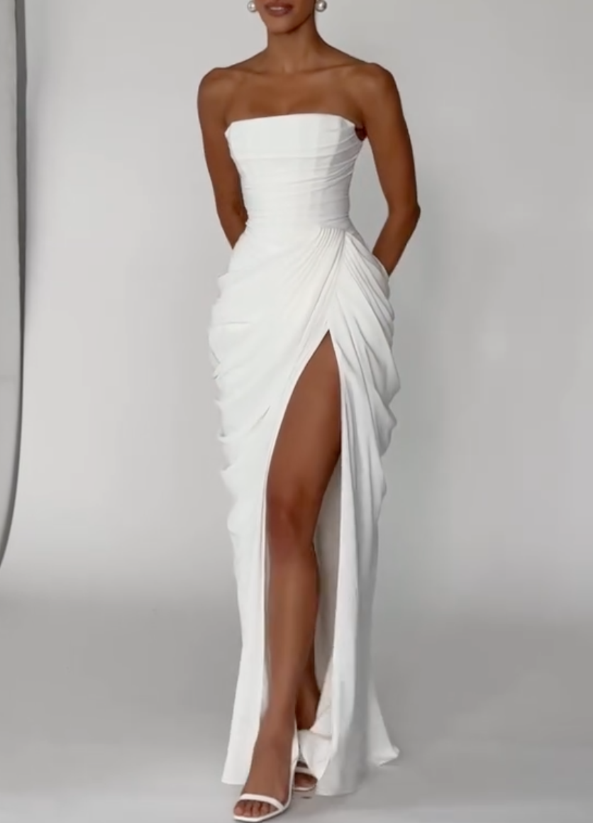 White Strapless Ruched Corset Back High Slit Mermaid Maxi Wedding Formal Evening Gown