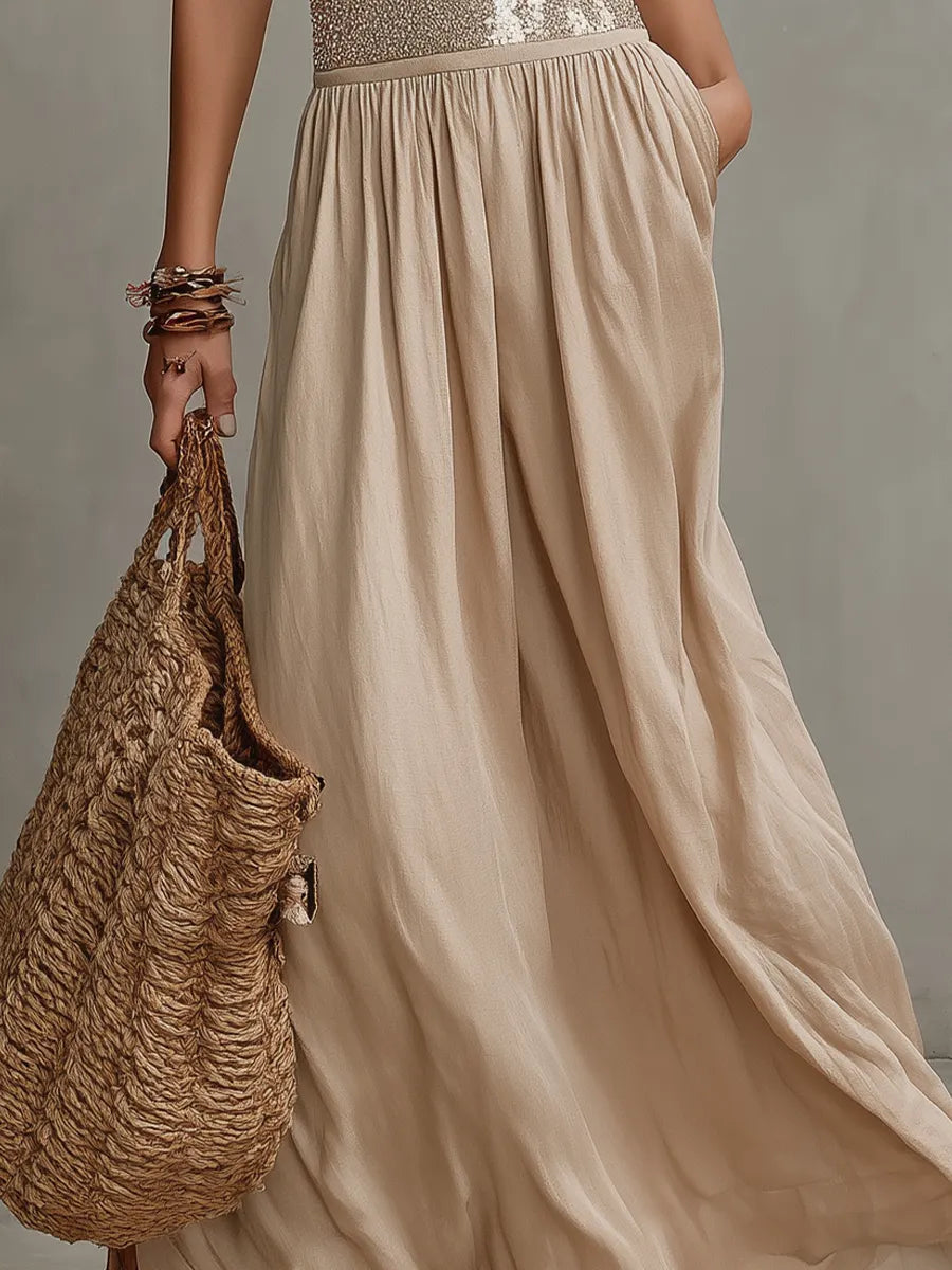 Elegant Halter Neck Sequin Waistband Maxi Dress