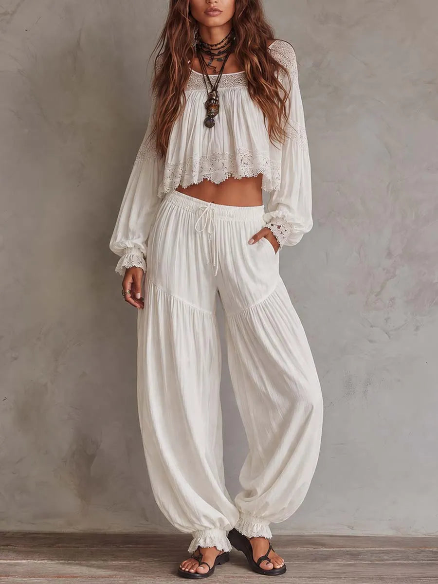 Soft Bohemian Lace Trim Lantern Pants Two-piece Set