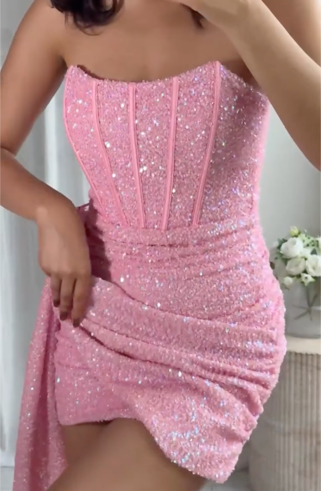 Pink Sequin Strapless Mini Dress with Corset Bustier & Draped Sash