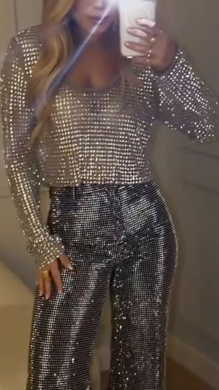 Silver Rhinestone Long Sleeve Top & High Waist Flare Pants Two Piece Set