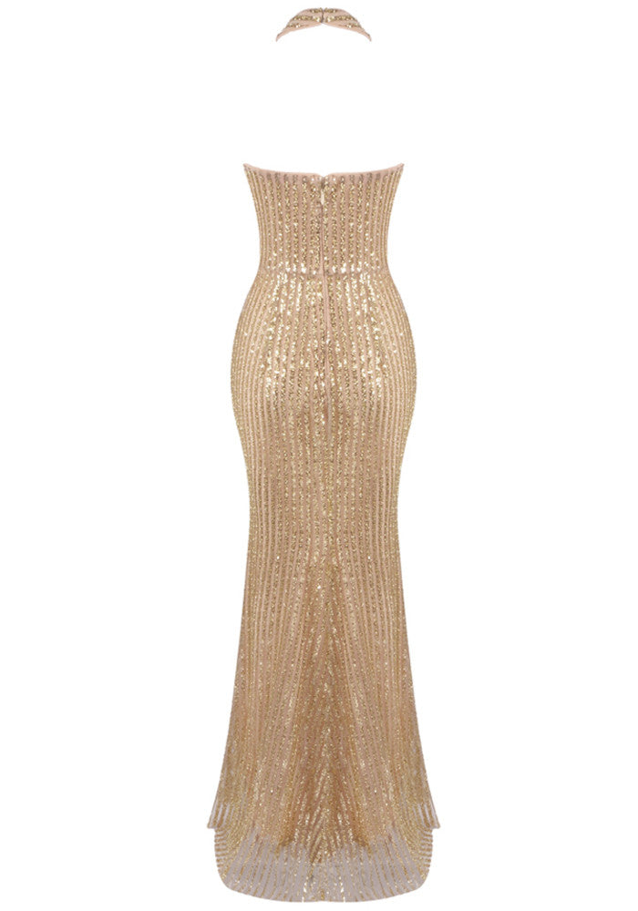 Halter Sequin Maxi Dress Gold