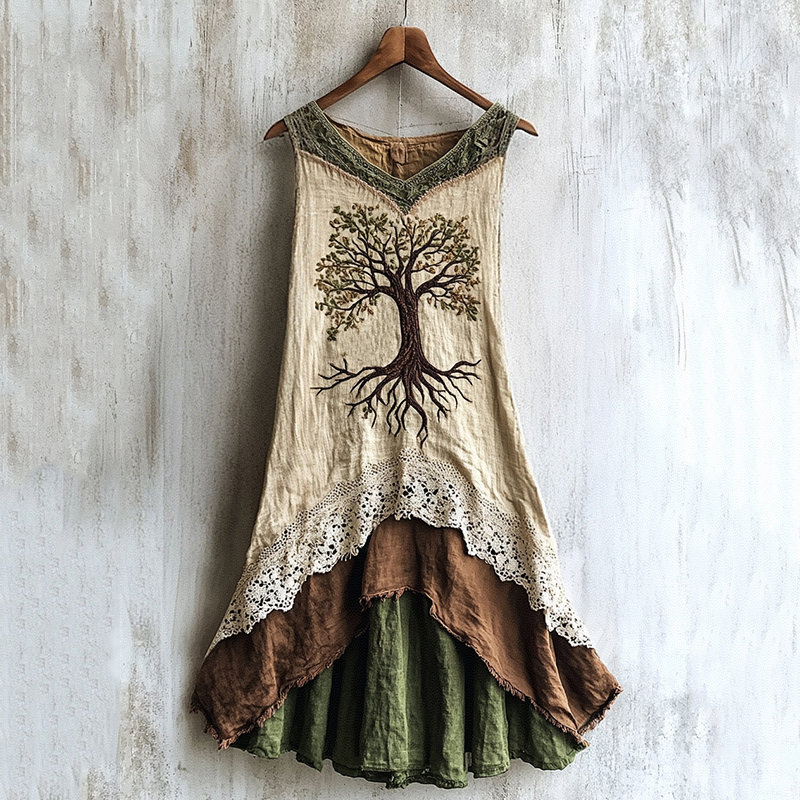 Viking Celtic Tree Of Life Lace Art Patchwork Linen Tank Dress