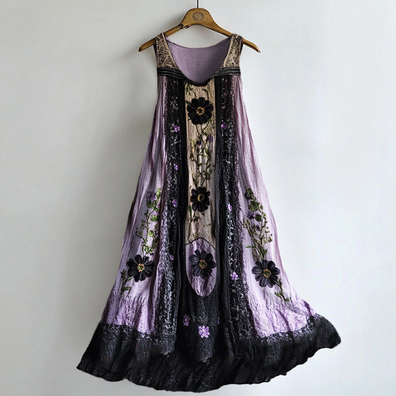 Classy Dark Floral Lace Patchwork Linen Tank Dress