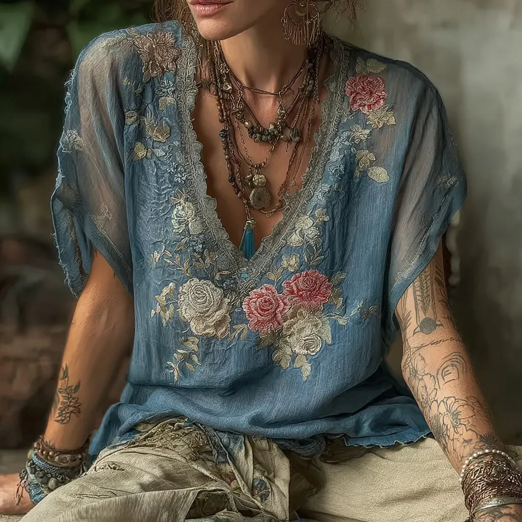 Women's Vintage Floral Embroidery V-neck T-shirt
