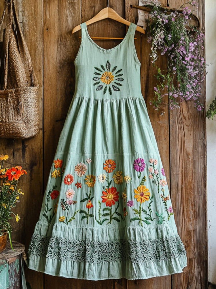 Vintage Boho Colorful Floral Embroidered Art Linen Tank Dress