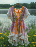 Summer Vacation Ruffle Lace Contrast Color Dress 7a62