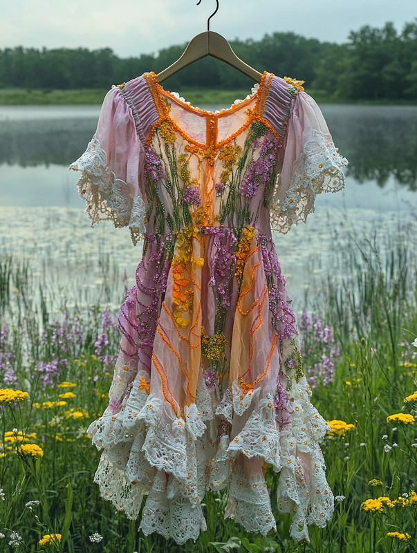 Summer Vacation Ruffle Lace Contrast Color Dress 7a62