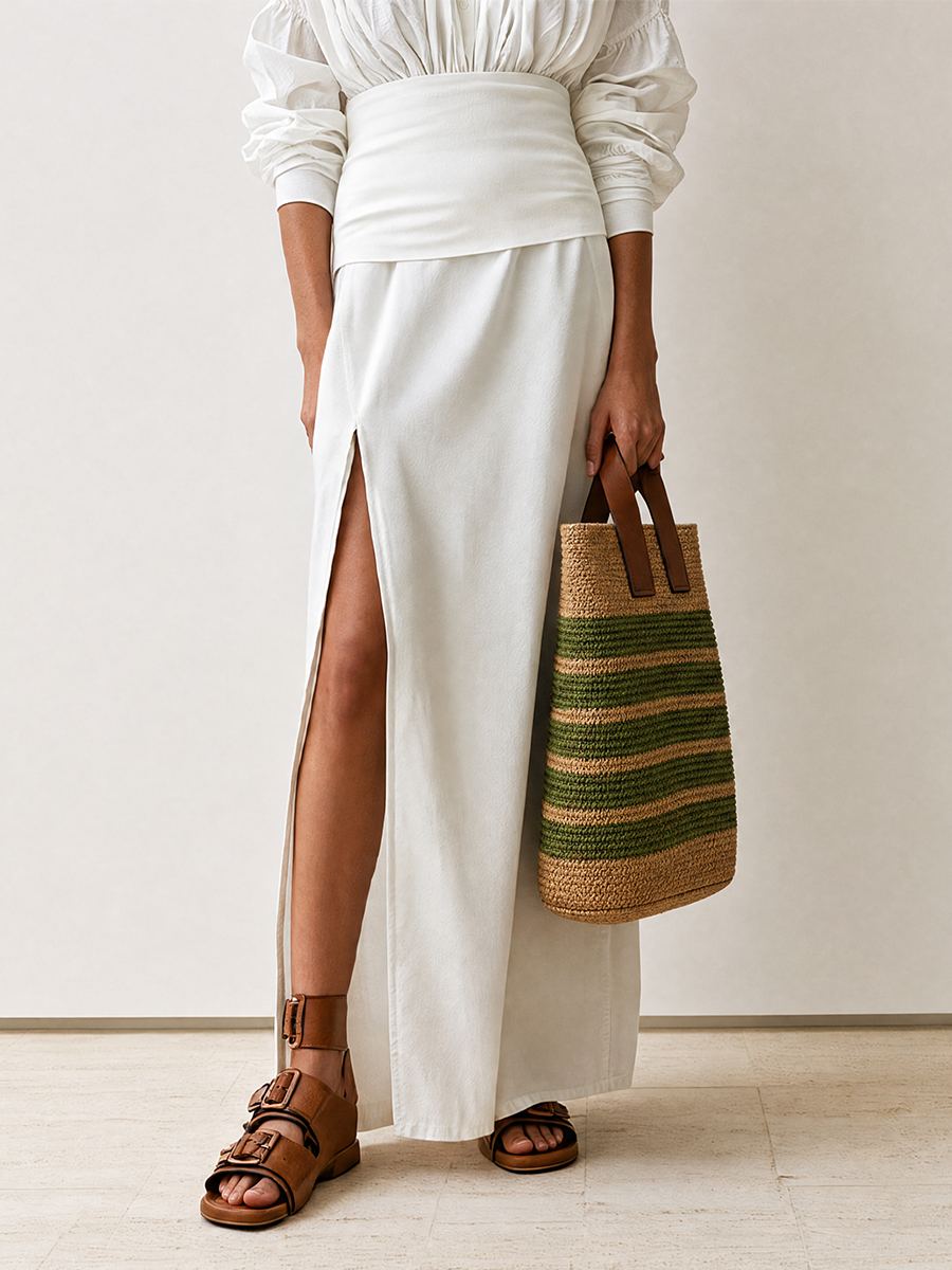 Elegant Long Sleeve Blouse With High-Slit Sarong Wrap Skirt Set