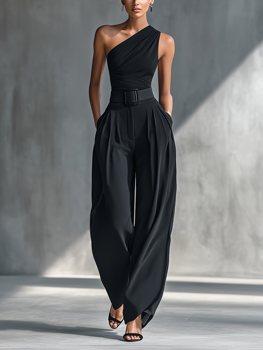 Women's Black High-elastic Knit Top And Acetate Wide-leg Pants MDZ1068B3T