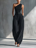 Women's Black High-elastic Knit Top And Acetate Wide-leg Pants MDZ1068B3T