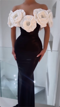 Opulent Black Off-Shoulder Velvet Mermaid Maxi Dress with Oversized White Floral Accents