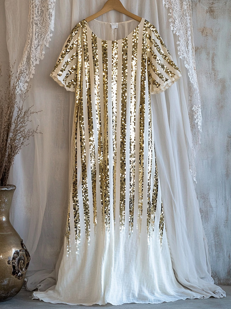 Women's Gold Sequin Striped Casual Linen Dress