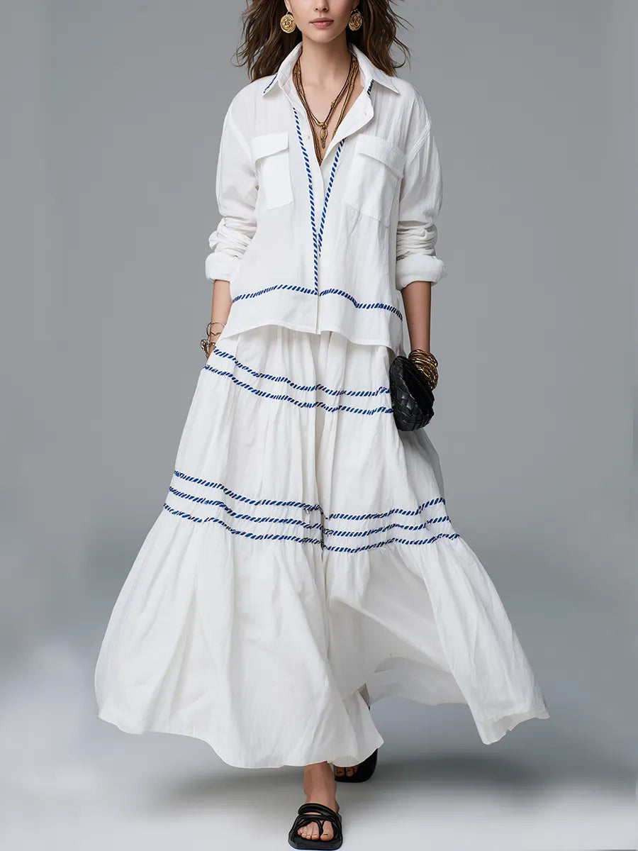Bohemian Style Cotton And Linen White Midi Skirt Suit