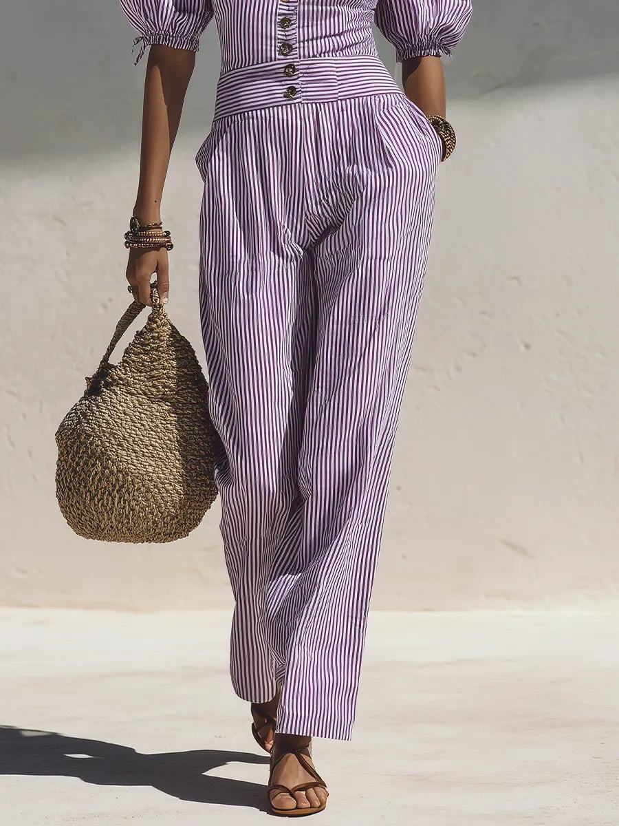 Mediterranean Boho Puff Sleeve Striped Co-Ord Pants Set
